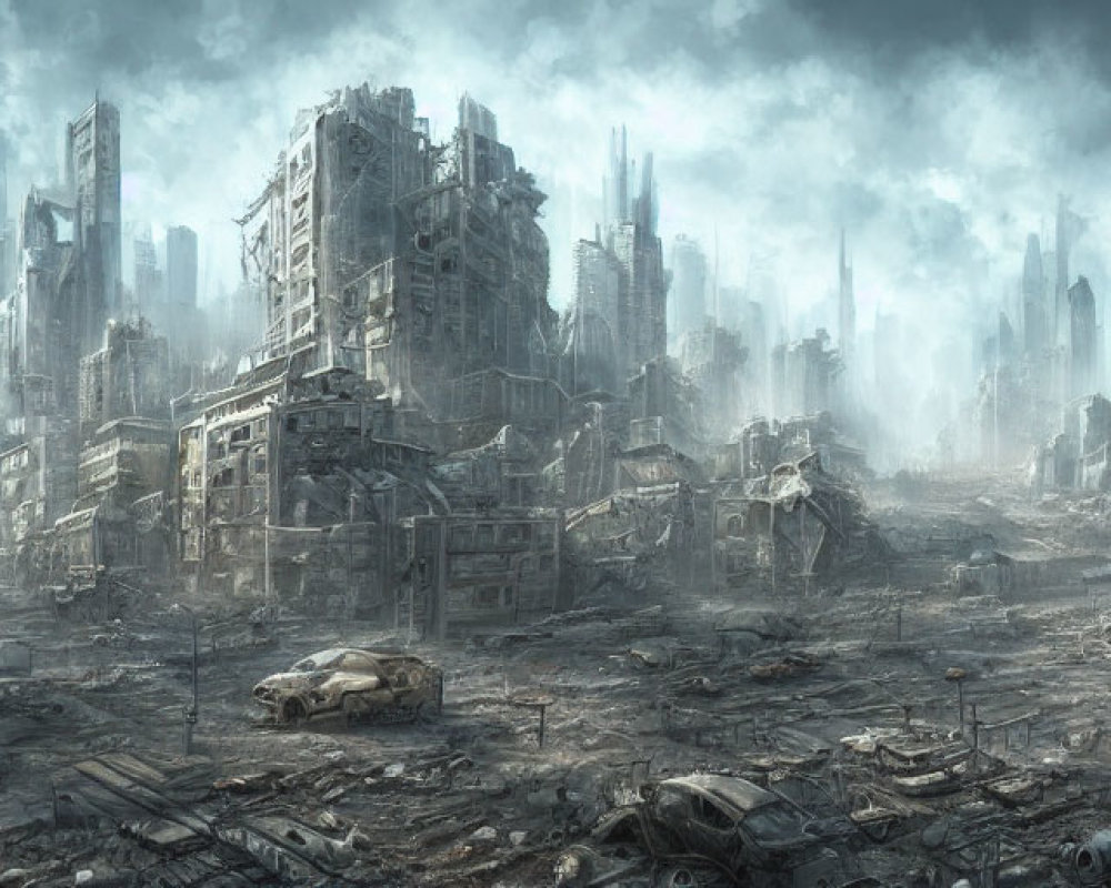 Desolate post-apocalyptic cityscape with crumbling buildings