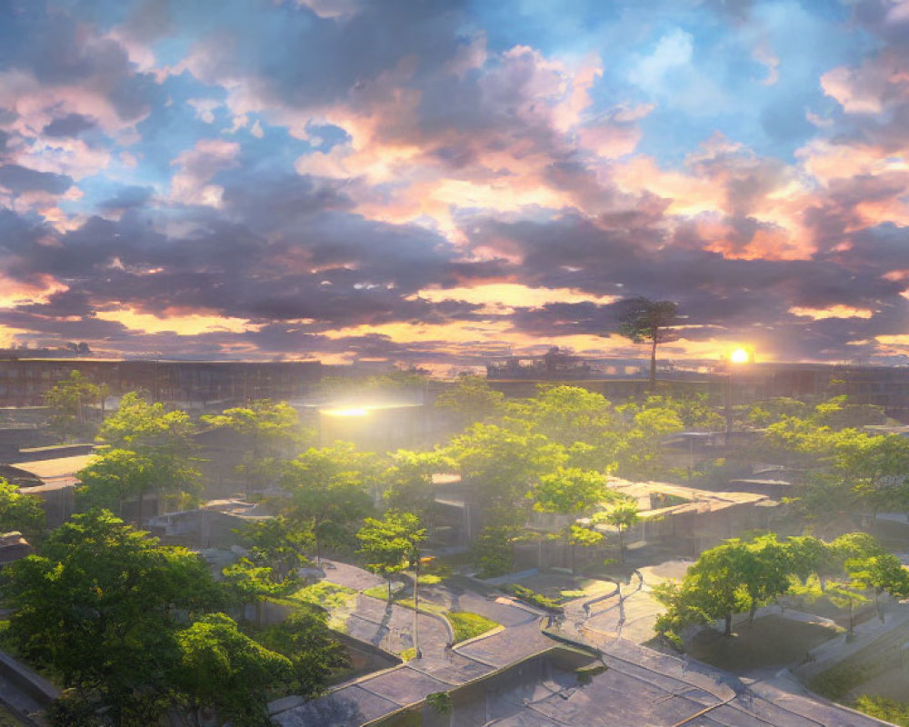 Serene village at sunrise with lush trees and traditional architecture