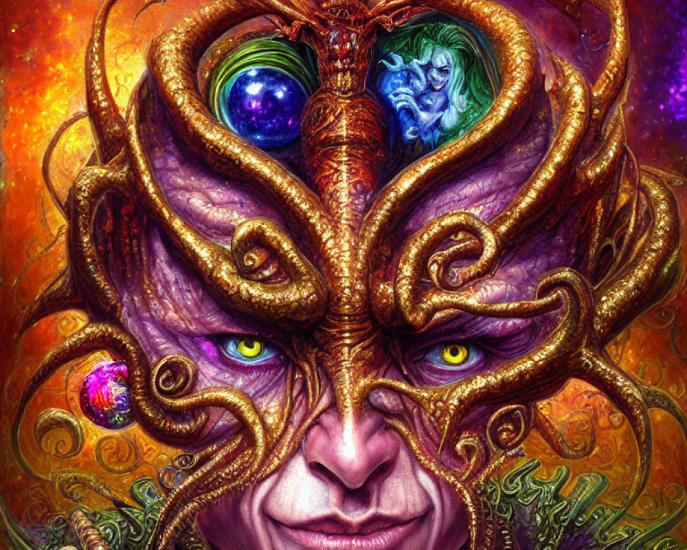 Colorful mystical character with golden patterns and glowing eyes in a fantasy setting