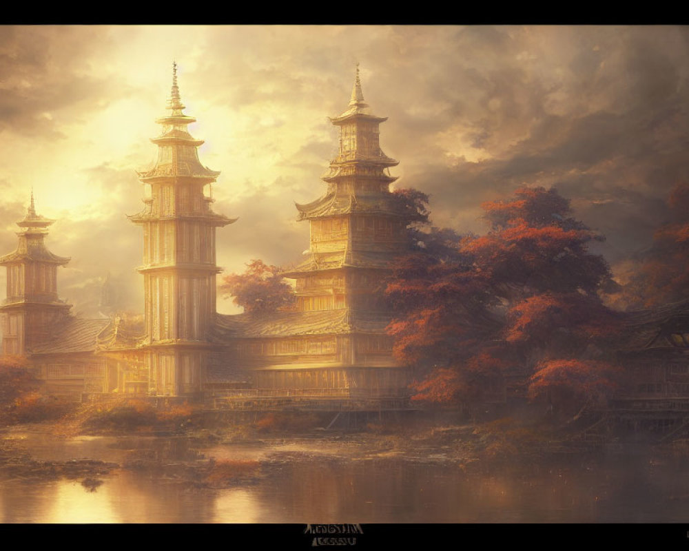 Ancient Pagodas Surrounded by Autumn Trees and Lake Haze