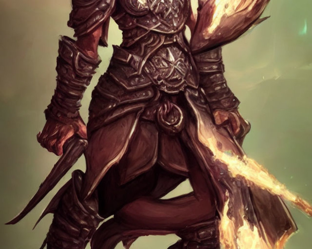 Armored warrior with flaming sword in confident stance.