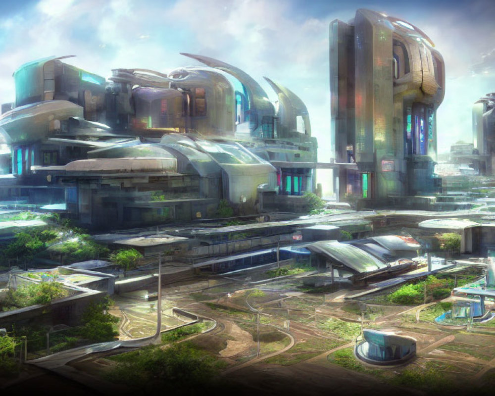 Futuristic cityscape with sleek buildings, vivid lighting, green spaces, and advanced transport infrastructure.