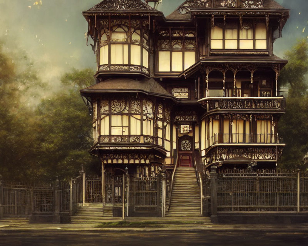 Elegant Victorian-style house with woodwork, balconies, grand staircase, and metal fence under over