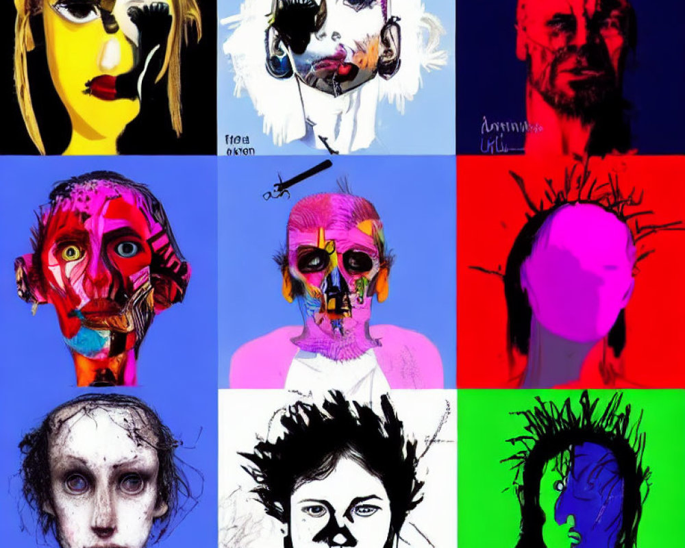 Nine Abstract and Distorted Portraits in Vibrant Colors and Various Styles