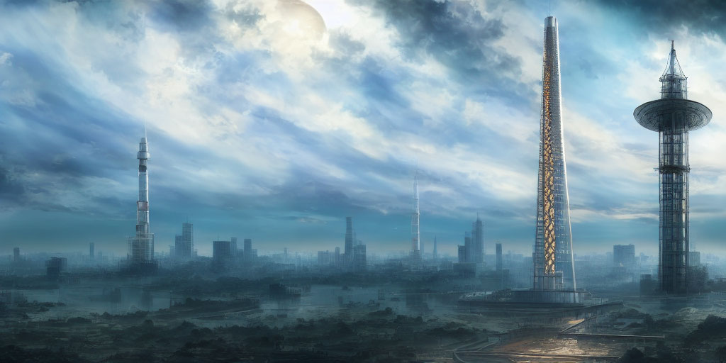 Futuristic cityscape with towering skyscrapers and dramatic cloudy sky