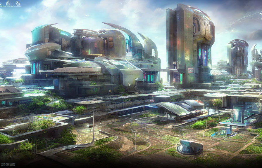 Futuristic cityscape with sleek buildings, vivid lighting, green spaces, and advanced transport infrastructure.