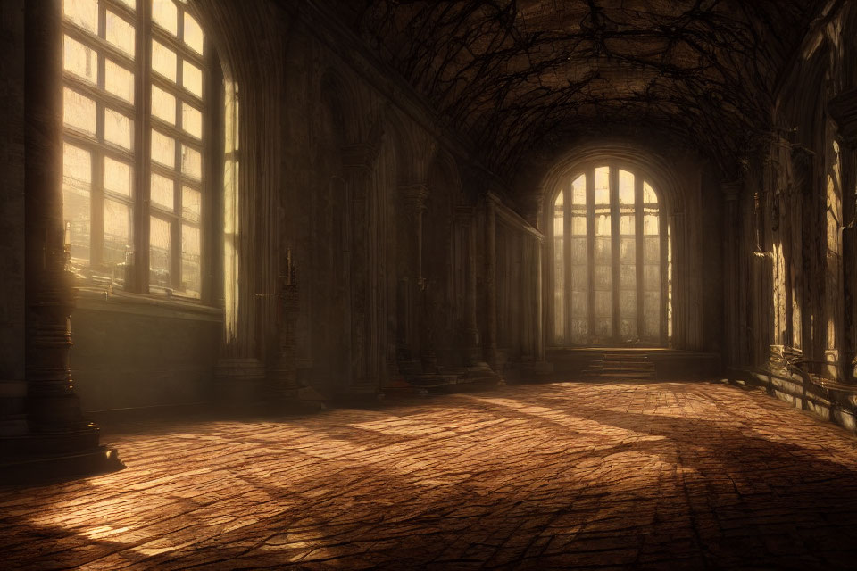 Grand Hall with Arched Windows and Vaulted Ceilings in Warm Sunlight