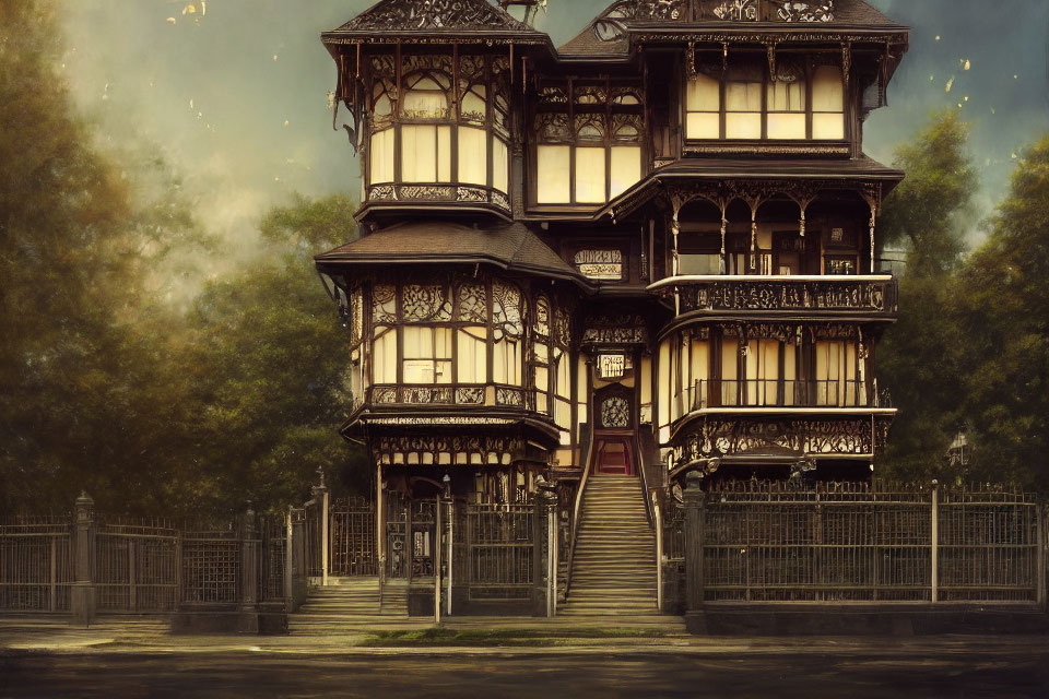 Elegant Victorian-style house with woodwork, balconies, grand staircase, and metal fence under over