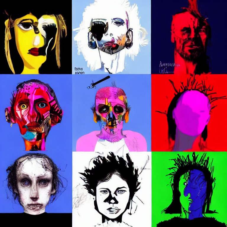 Nine Abstract and Distorted Portraits in Vibrant Colors and Various Styles