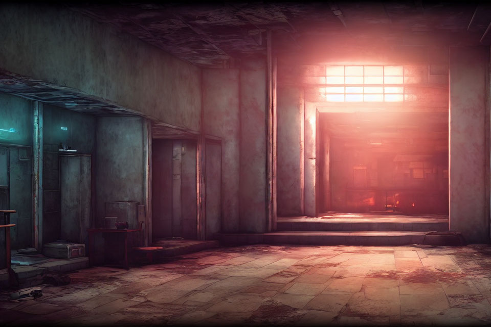 Desolate interior of abandoned building with reddish glow and dilapidated walls