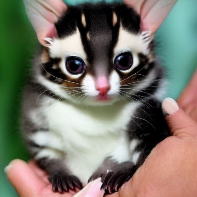 Adorable sugar glider with large eyes and black/white fur in hands against green backdrop