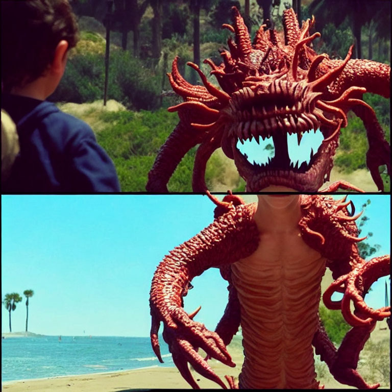 Child observing spiky-headed creature on beach with palm trees