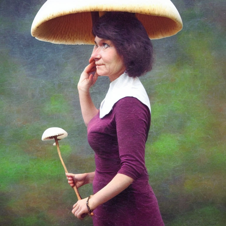 Whimsical woman with mushroom hat and background.