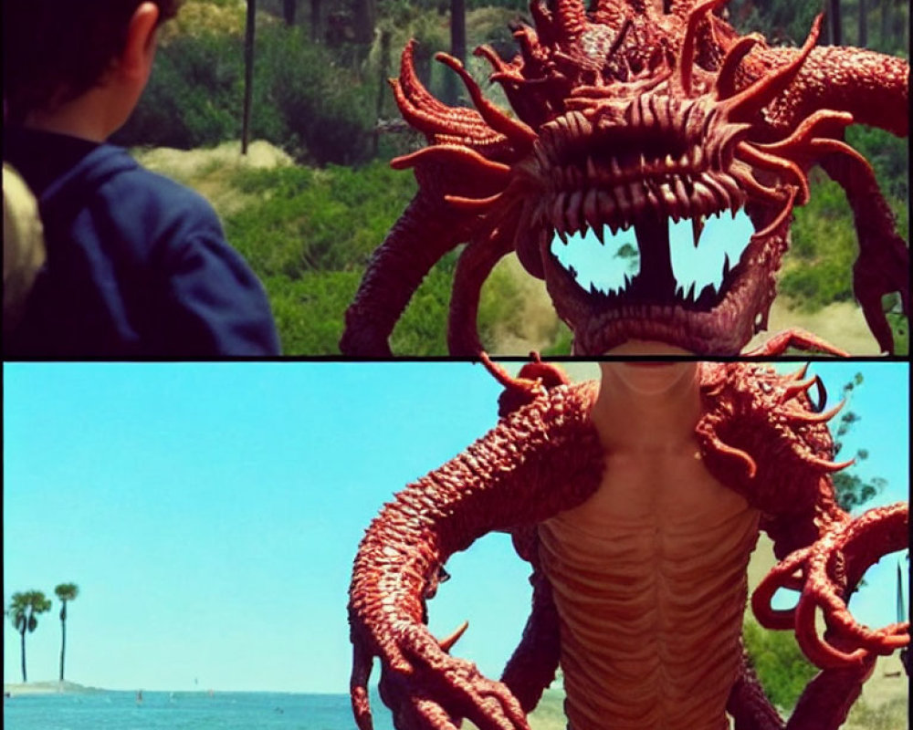 Child observing spiky-headed creature on beach with palm trees