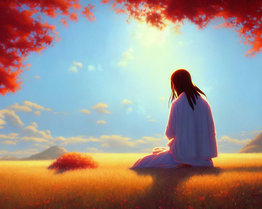 Person in white seated in field at sunset with red clouds and flowers