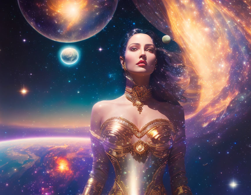 Digital artwork of woman with sci-fi elements in cosmic setting.