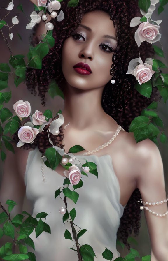 Curly Haired Woman with Floral Adornments in Botanical Setting