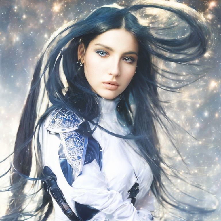 Fantastical portrait of woman with blue eyes and dark hair in white and blue armor costume