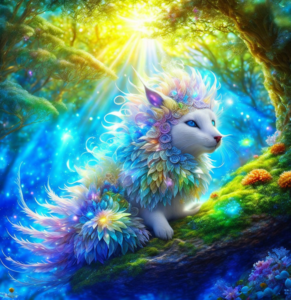 Colorful feather-like cat creature in vibrant enchanted forest