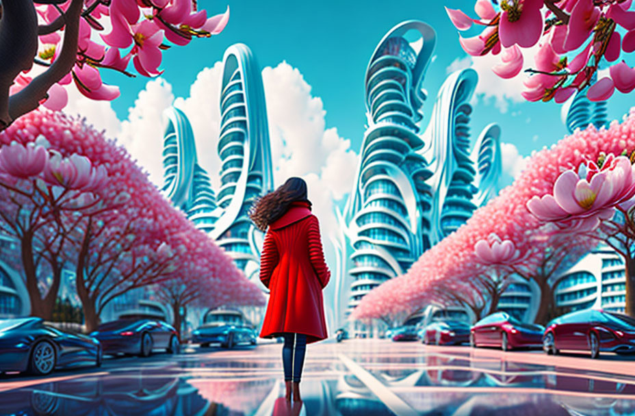 Woman in red coat walking towards futuristic skyscrapers under pink blossoms and blue sky.