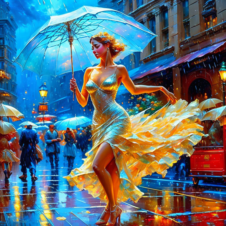 Colorful painting: Woman twirling with umbrella in rain