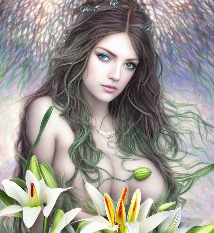 Digital Artwork: Mystical Woman with Long Wavy Hair and White Lilies