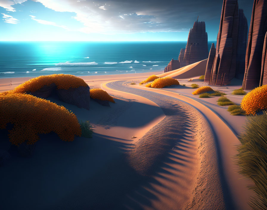 Tranquil beach with orange bushes and rock formations