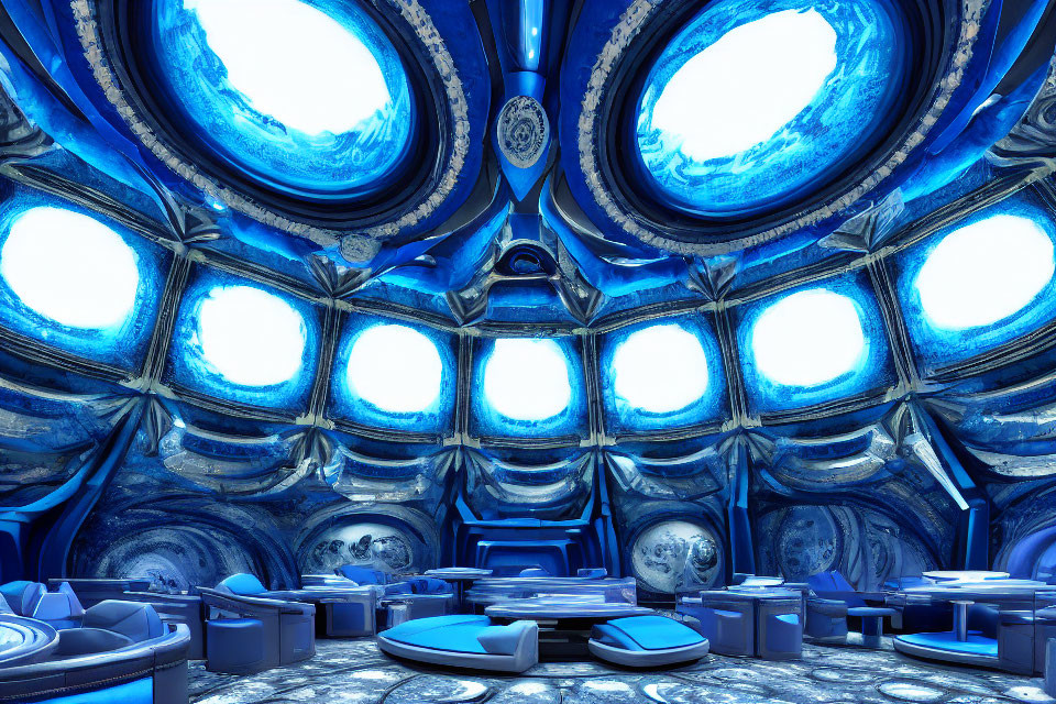Futuristic blue room with high ceiling, round windows, modern furnishings, circular patterns, and neon