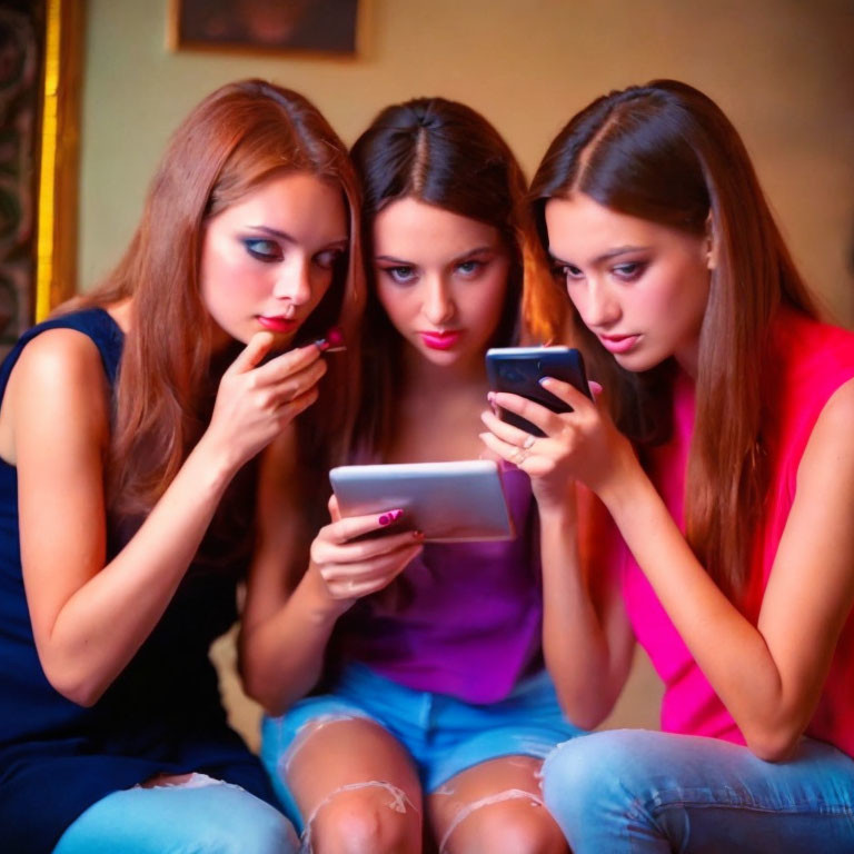 Three young women applying lipstick and looking at smartphone indoors