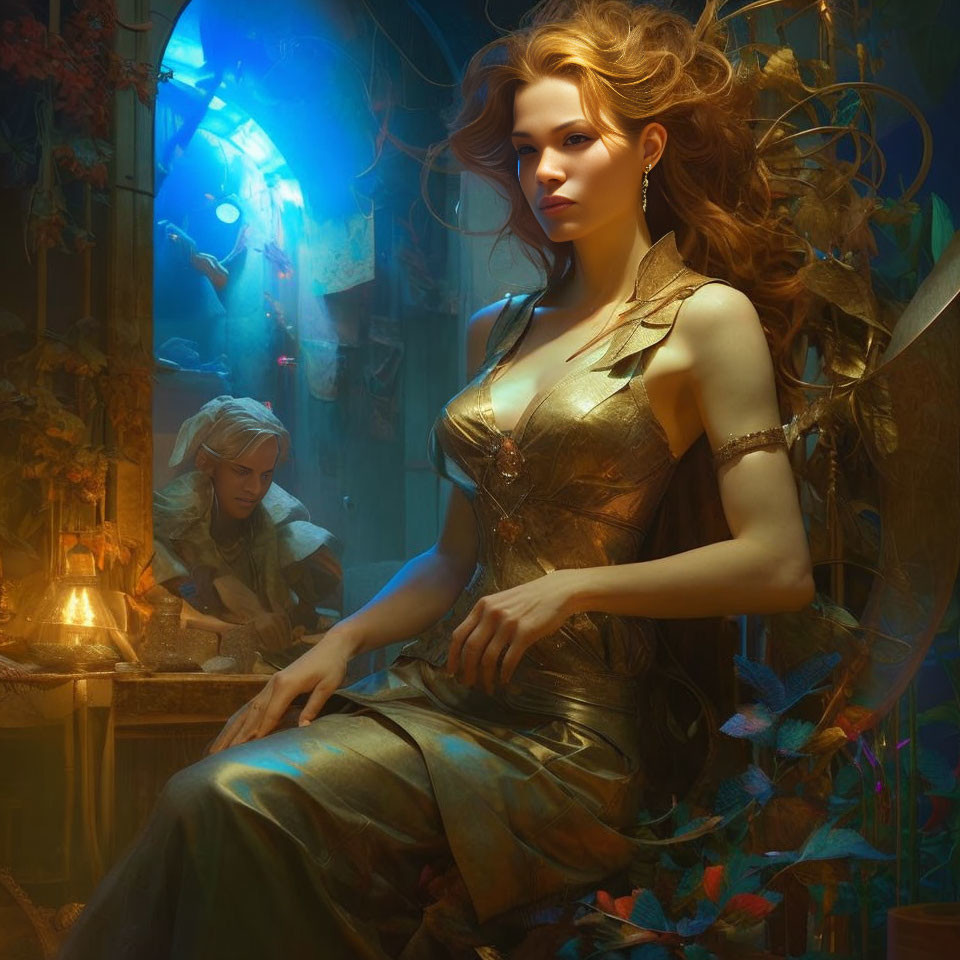 Fantasy artwork of woman with glowing hair in golden dress, sitting majestically.