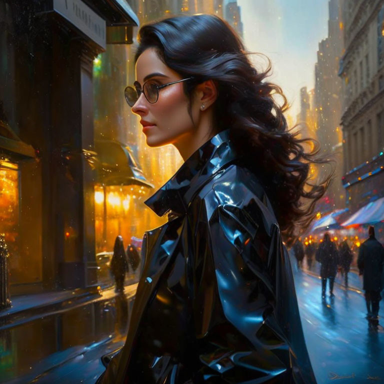 Woman in black trench coat and sunglasses walking in city street at dusk