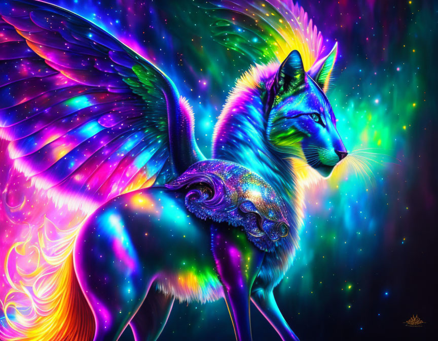 Mythical wolf with wings in vibrant neon colors