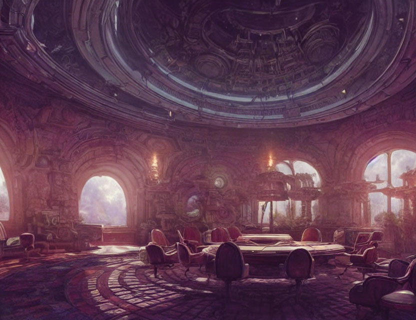 Opulent circular room with large windows and futuristic machinery