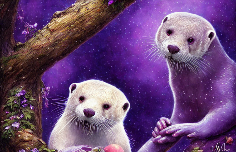 Two otters in celestial purple background with tree and apples.