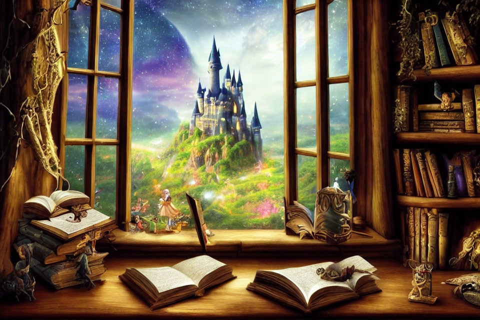 Wooden desk with open books, quill, and candles overlooking fantasy landscape with castle under starry
