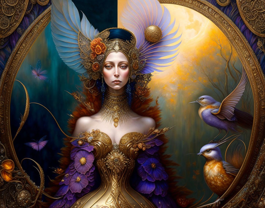 Fantasy portrait of a woman with feathered wings and vibrant colors