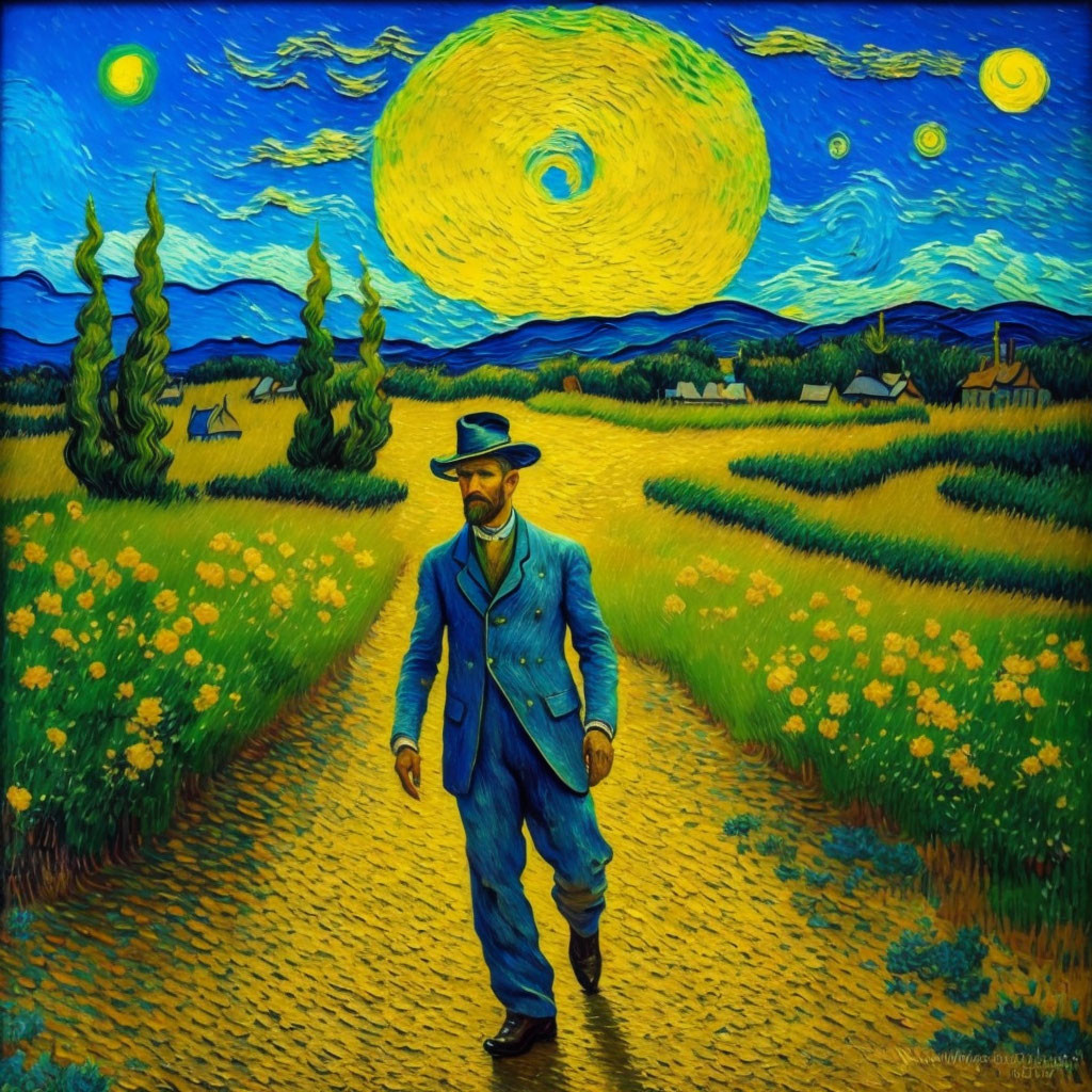 Man walking in vibrant swirling landscape with yellow skies and cypress trees