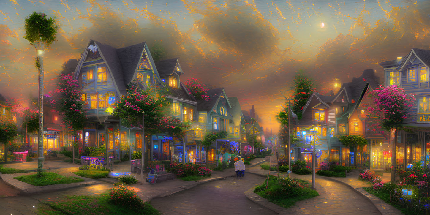 Victorian-style houses on quaint village street at dusk