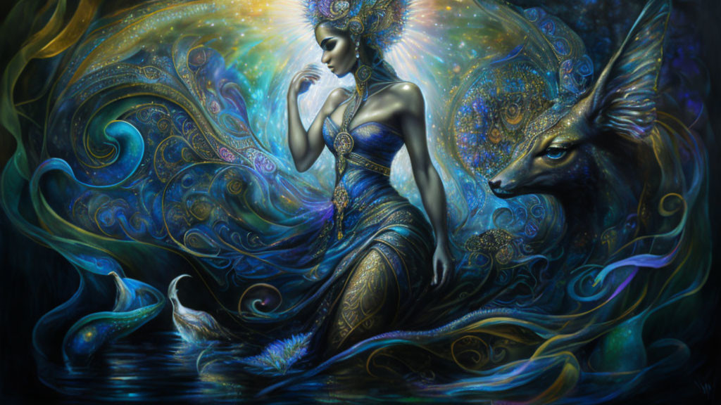 Mystical woman with peacock attire and cosmic wolf in swirling aura