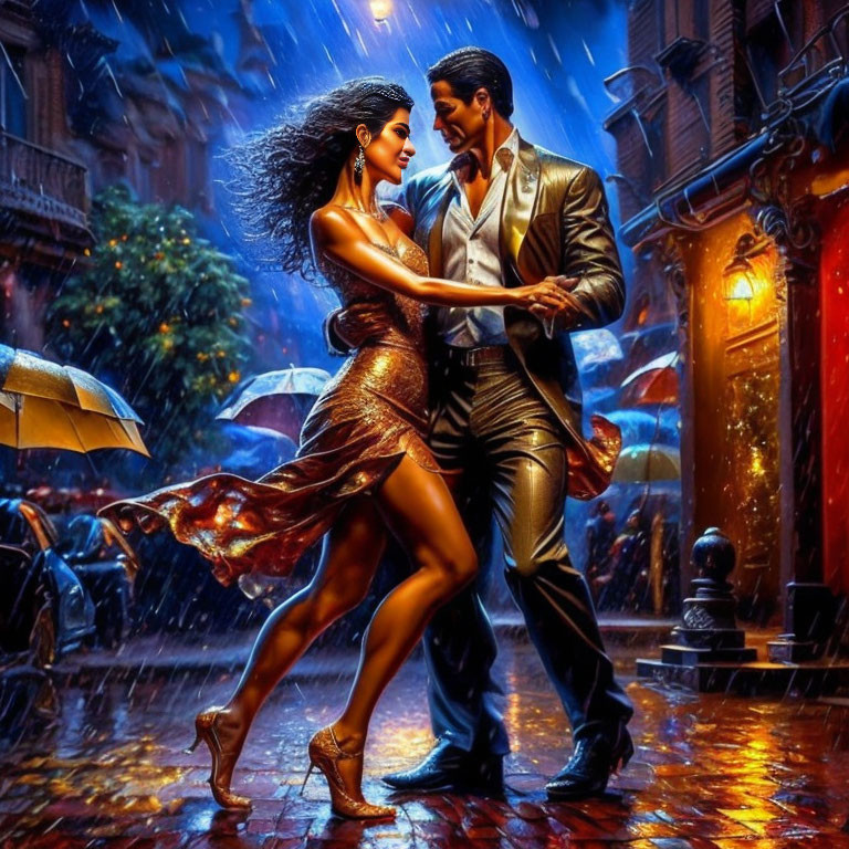 Passionate couple dancing in rain-soaked city street at night