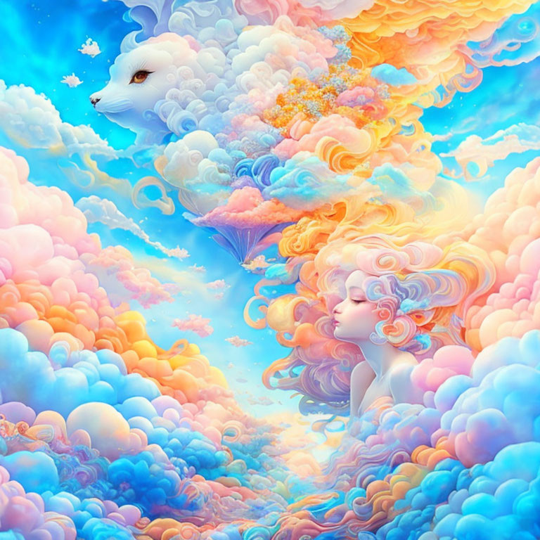 Colorful digital artwork: Woman and white wolf in fantasy sky