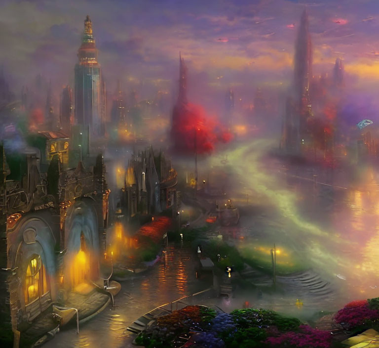 Fantasy cityscape at dusk with towering spires and vibrant flora