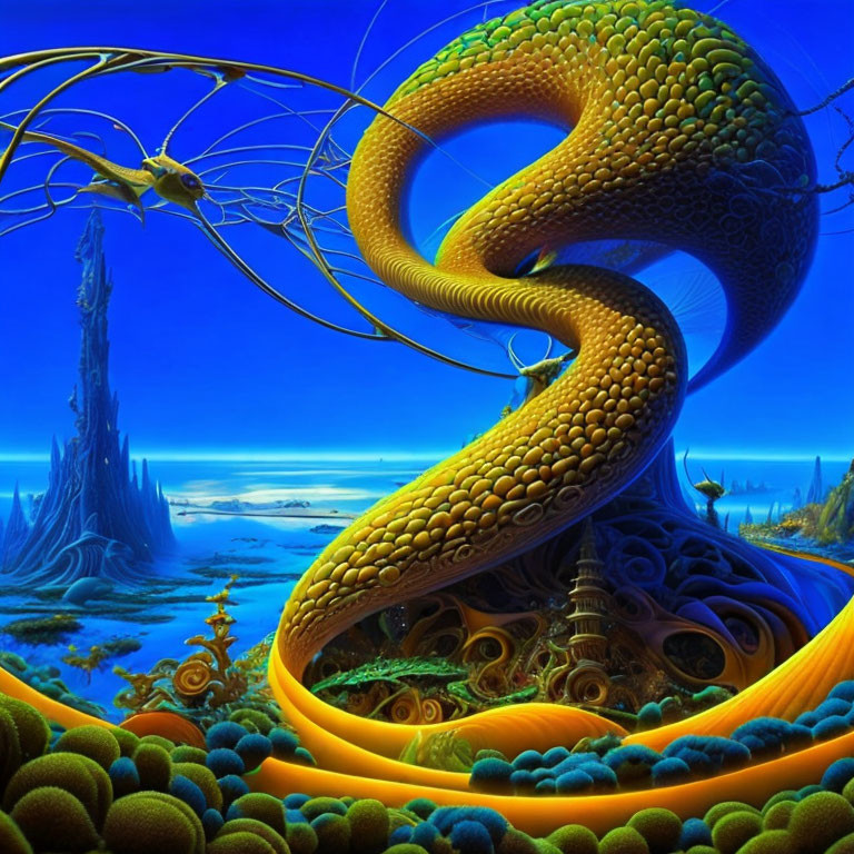 Colorful underwater scene with snake-like creature and coral structures