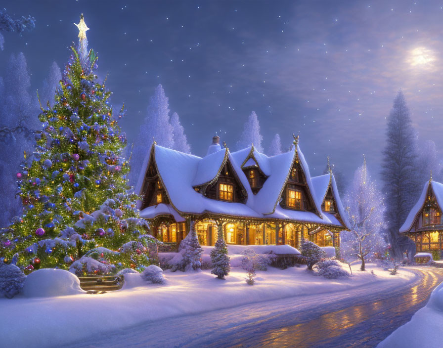 Snow-covered house with Christmas tree in winter scene