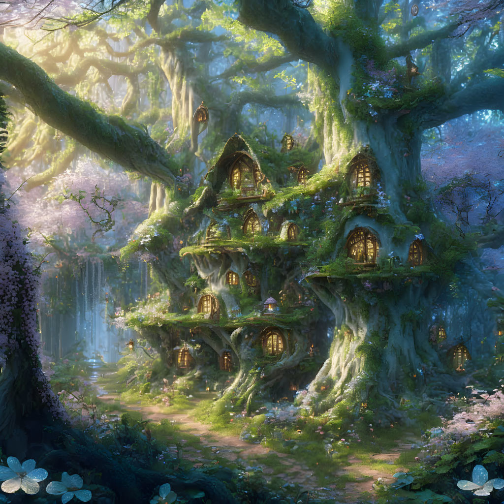 Enchanted forest with ancient tree and fairy-tale dwellings