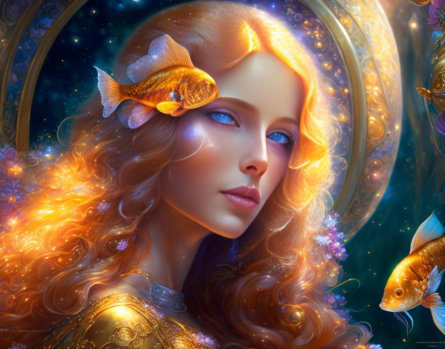 Fantastical image of woman with golden hair and blue eyes surrounded by illuminated goldfish and ethereal