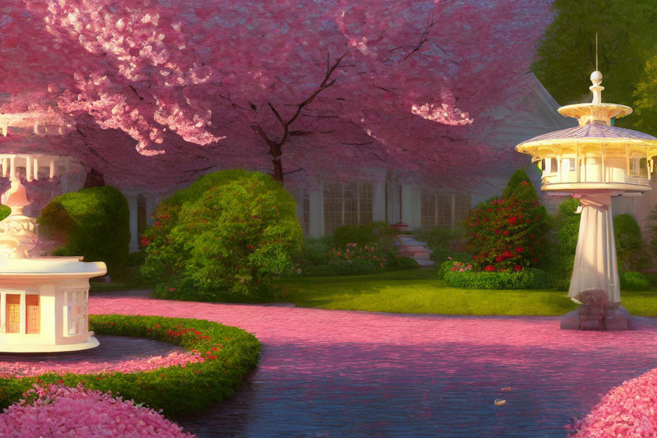 Tranquil garden with cherry blossoms, pink stream, fountains & white house