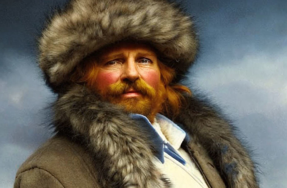 Portrait of person with ginger moustache in fur hat & coat against cloudy blue sky