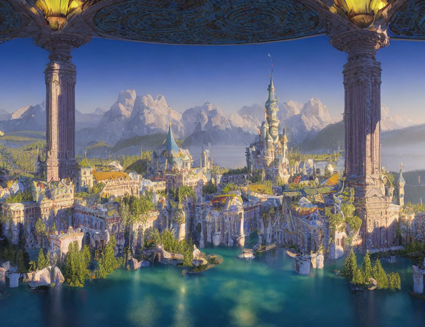 Majestic fantasy landscape with sprawling city, serene lake, snowy mountains, and ornate columns