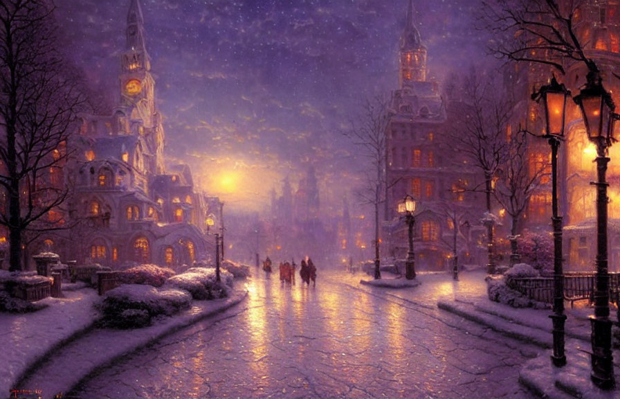 Snow-covered winter evening streets with warm streetlights and pedestrians.